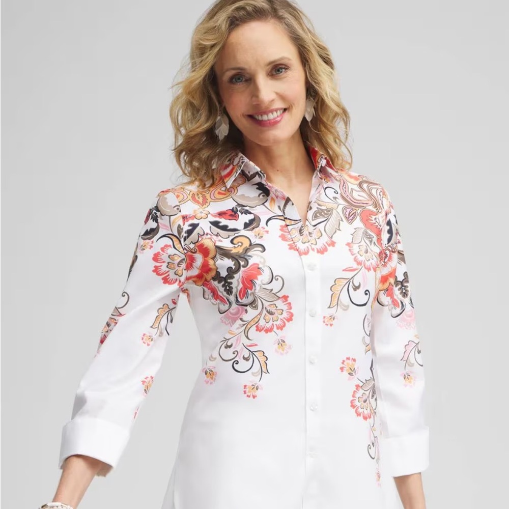 Chico’s Floral Print Button-Up Shirt. No iron shirt.